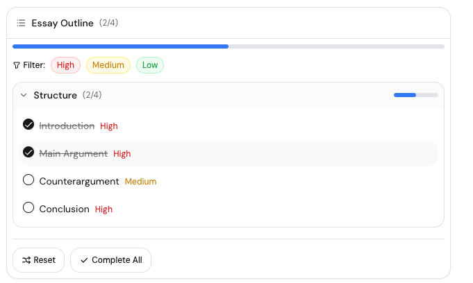 Losi Chat displaying an interactive todo list with checkable items for project management